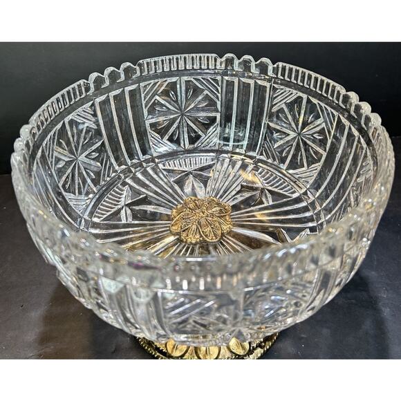 Vtg Large Lead Crystal Compote Bowl w/ Brass Ornate Pedestal Base - 8.5 X 6 - Picture 8 of 8